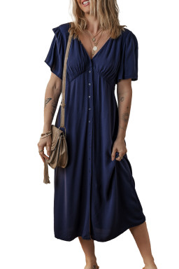 Navy Blue V Neck Buttoned Front Shirred Back Short Sleeve Midi Dress