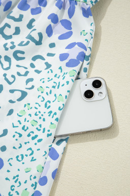 Sky Blue Leopard Bow Front Puff Sleeve Mini Dress