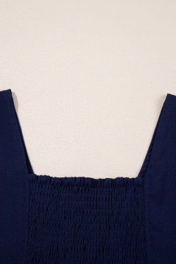 Navy Blue V Neck Buttoned Front Shirred Back Short Sleeve Midi Dress