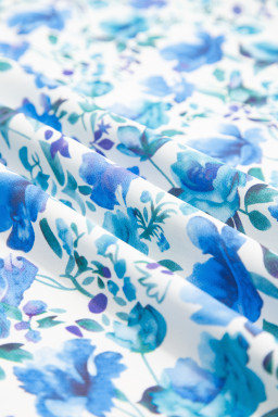 Sky Blue Floral Print Striped Patchwork Collared Blouse