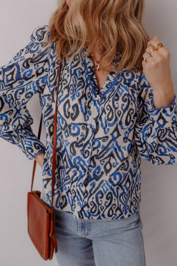 Blue Bohemian Abstract Print Frill V Neck Long Sleeve Blouse
