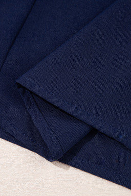 Navy Blue V Neck Buttoned Front Shirred Back Short Sleeve Midi Dress