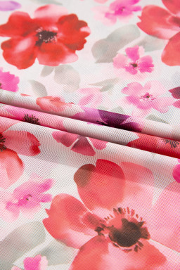 Red Floral Print Long Sleeve Slim Fit Mesh Top