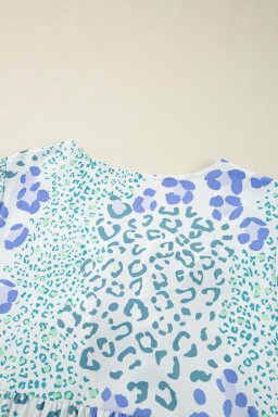 Sky Blue Leopard Bow Front Puff Sleeve Mini Dress