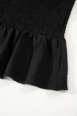 Black Ruffle Short Sleeve Shirred Peplum Top