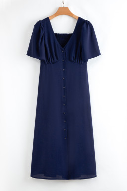Navy Blue V Neck Buttoned Front Shirred Back Short Sleeve Midi Dress