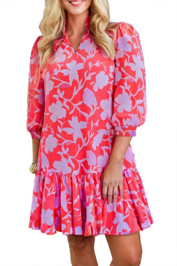 Red Floral 3/4 Sleeve Ruffle Hem Mini Dress