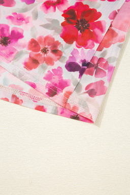 Red Floral Print Long Sleeve Slim Fit Mesh Top