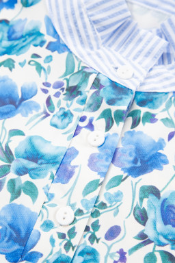 Sky Blue Floral Print Striped Patchwork Collared Blouse