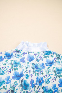 Sky Blue Floral Print Striped Patchwork Collared Blouse