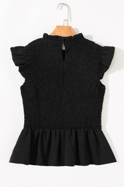 Black Ruffle Short Sleeve Shirred Peplum Top