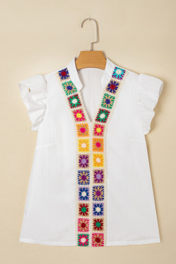 White Crochet Floral Notch V Neck Textured Blouse