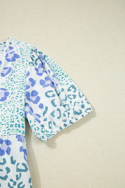 Sky Blue Leopard Bow Front Puff Sleeve Mini Dress