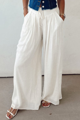 White Solid Pleated Loose Wide Leg Pants