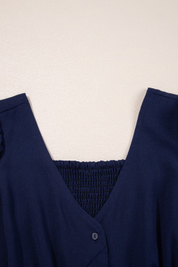 Navy Blue V Neck Buttoned Front Shirred Back Short Sleeve Midi Dress