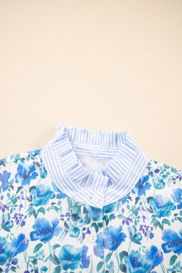 Sky Blue Floral Print Striped Patchwork Collared Blouse