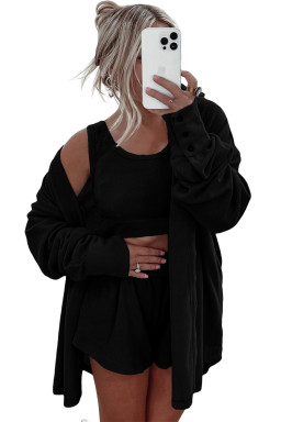 Black Shirred Hem Crop Tank Top Loose Shorts Cardigan 3 Piece Pajama Set