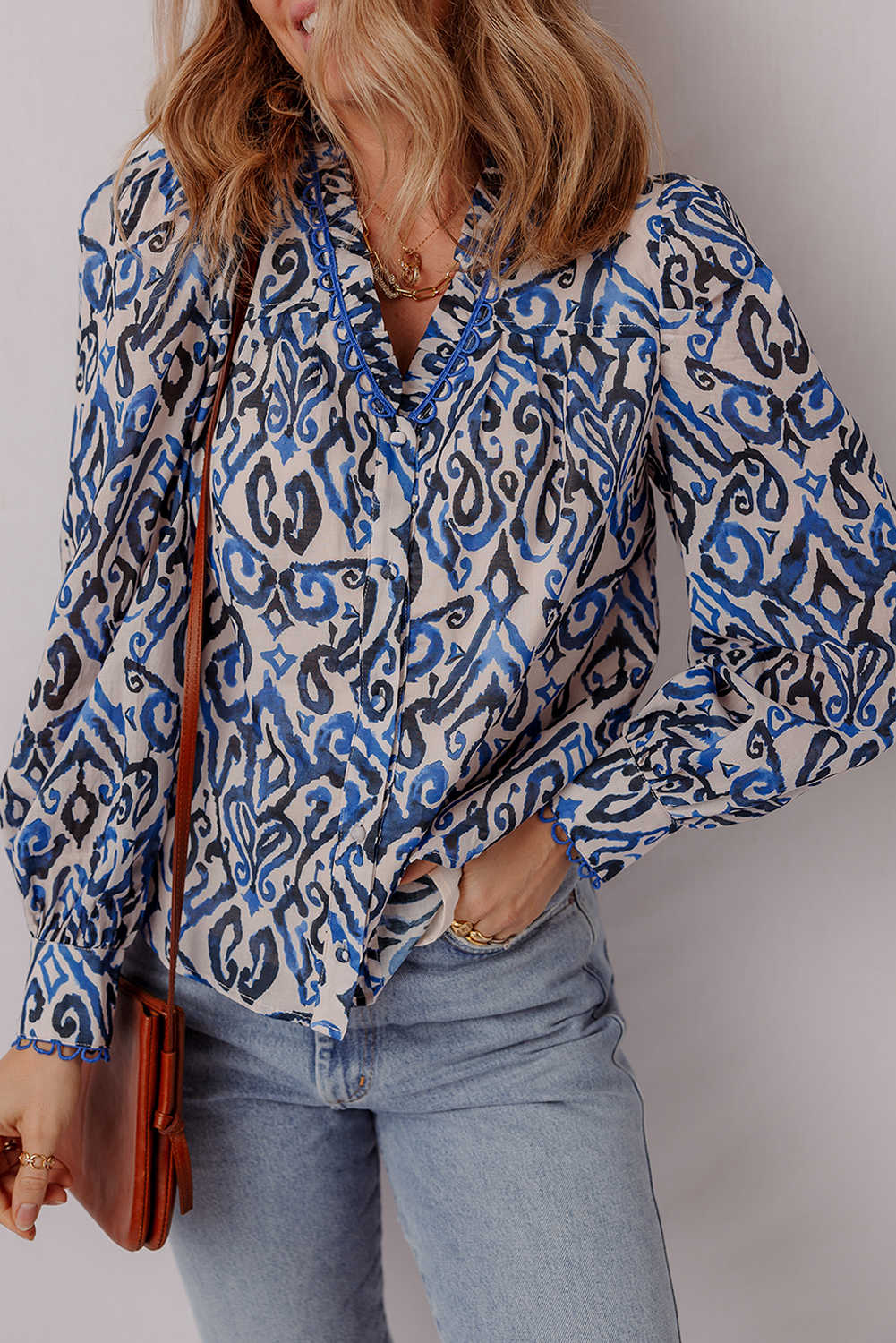 Blue Bohemian Abstract Print Frill V Neck Long Sleeve Blouse