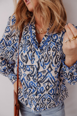 Blue Bohemian Abstract Print Frill V Neck Long Sleeve Blouse