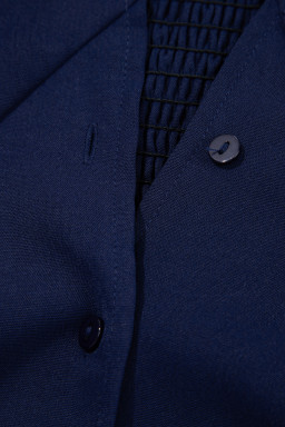 Navy Blue V Neck Buttoned Front Shirred Back Short Sleeve Midi Dress