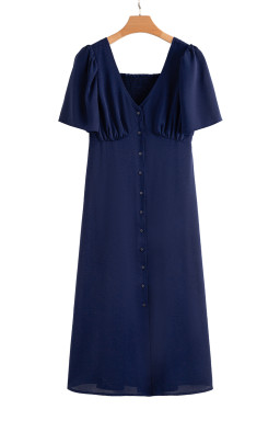 Navy Blue V Neck Buttoned Front Shirred Back Short Sleeve Midi Dress