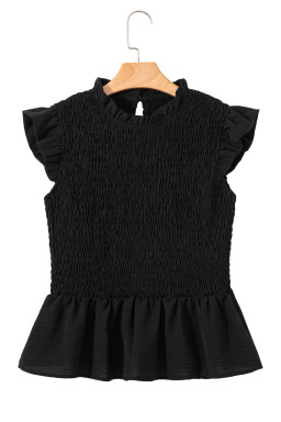 Black Ruffle Short Sleeve Shirred Peplum Top