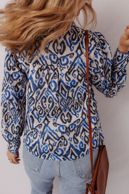 Blue Bohemian Abstract Print Frill V Neck Long Sleeve Blouse