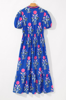 Sky Blue Floral Ruffle Hem Pop of Color Neckline Dress