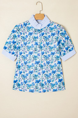 Sky Blue Floral Print Striped Patchwork Collared Blouse