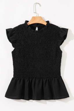 Black Ruffle Short Sleeve Shirred Peplum Top