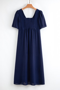 Navy Blue V Neck Buttoned Front Shirred Back Short Sleeve Midi Dress