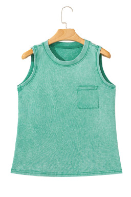 Sea Green Mineral Wash Patched Chest Pocket Tank Top