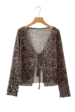Multicolour Leopard Sheer Mesh Lace Up V Neck Long Sleeve Top