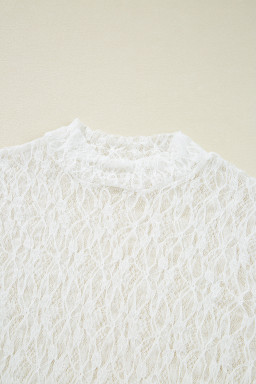 White Sheer Lace Bell Sleeve Mock Neck Blouse