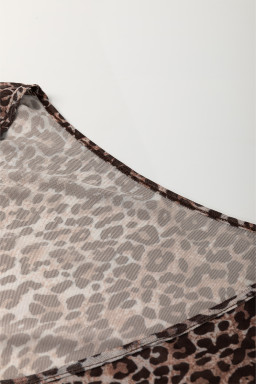 Multicolour Leopard Sheer Mesh Lace Up V Neck Long Sleeve Top