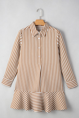 Brown Stripe Ruffle Hem Collared Long Sleeve Shirt Mini Dress