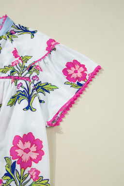 Rose Vintage Floral Print Notched V Neck Plus Size Blouse