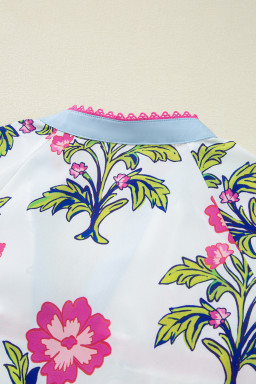 Rose Vintage Floral Print Notched V Neck Plus Size Blouse