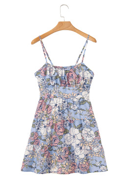 Sky Blue Floral Tiered Patchwork Spaghetti Strap Vacation Dress