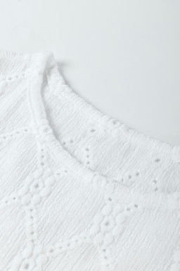 White Embroidered Floral Geometric Button Short Sleeve Top