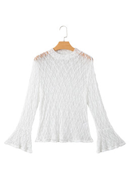 White Sheer Lace Bell Sleeve Mock Neck Blouse
