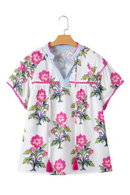 Rose Vintage Floral Print Notched V Neck Plus Size Blouse
