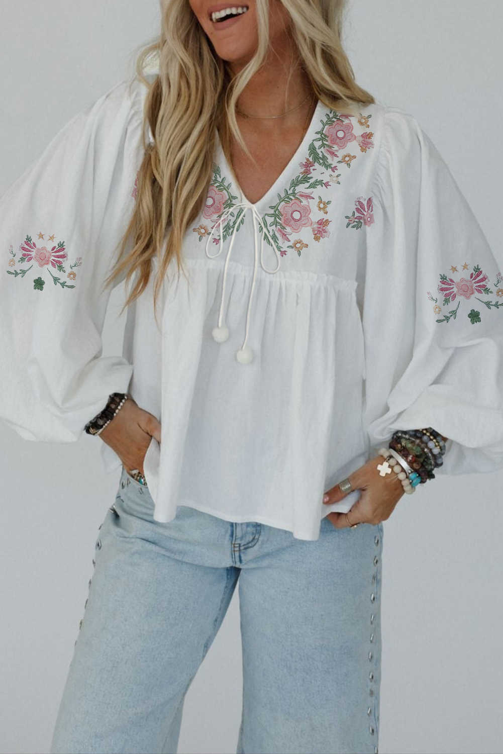 White Flower Lace-up V Neck Flowy Babydoll Blouse