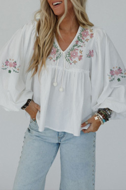 White Flower Lace-up V Neck Flowy Babydoll Blouse