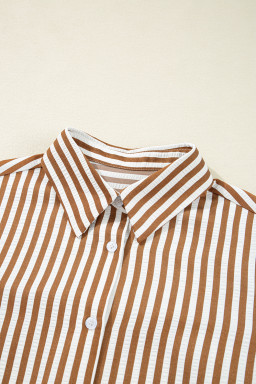 Brown Stripe Ruffle Hem Collared Long Sleeve Shirt Mini Dress