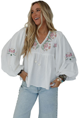 White Flower Lace-up V Neck Flowy Babydoll Blouse