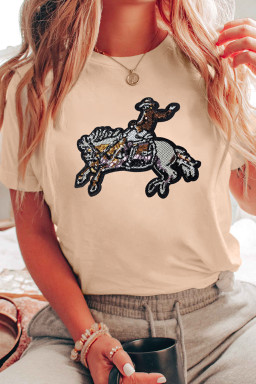 Khaki Rodeo Sequins Patch Graphic Crewneck Tee