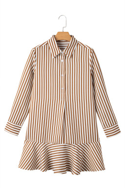 Brown Stripe Ruffle Hem Collared Long Sleeve Shirt Mini Dress