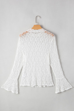 White Sheer Lace Bell Sleeve Mock Neck Blouse