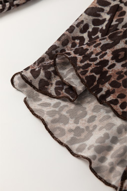 Multicolour Leopard Sheer Mesh Lace Up V Neck Long Sleeve Top